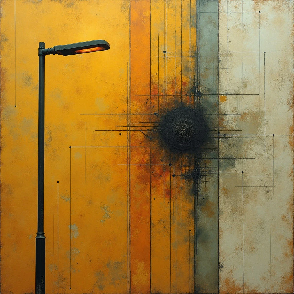 The image features a predominantly warm color palette of ochre, gold, and muted grays, with a stark black lamppost positioned on the left side. A textured surface is visible throughout, suggesting layering and subtle imperfections alongside geometric lines that intersect across vertical bands of color. Light appears diffused, creating soft transitions between shades and emphasizing a central dark circular form within an area of blended orange and gray tones.
