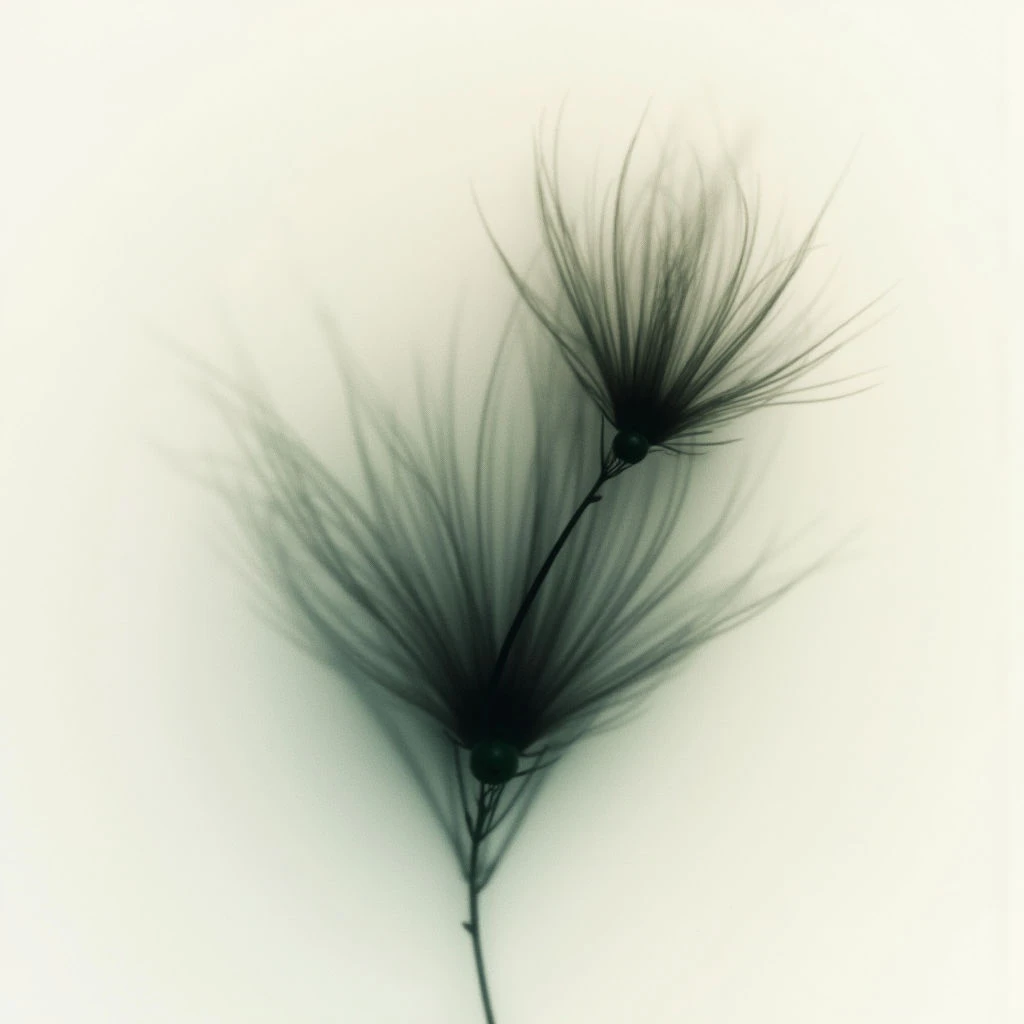 Two dark, feathery flower heads rise from a slender stem against a pale background. The flowers appear delicate and wispy, almost like smoke or shadows. Their centers are small and rounded, contrasting with the airy texture of their petals.