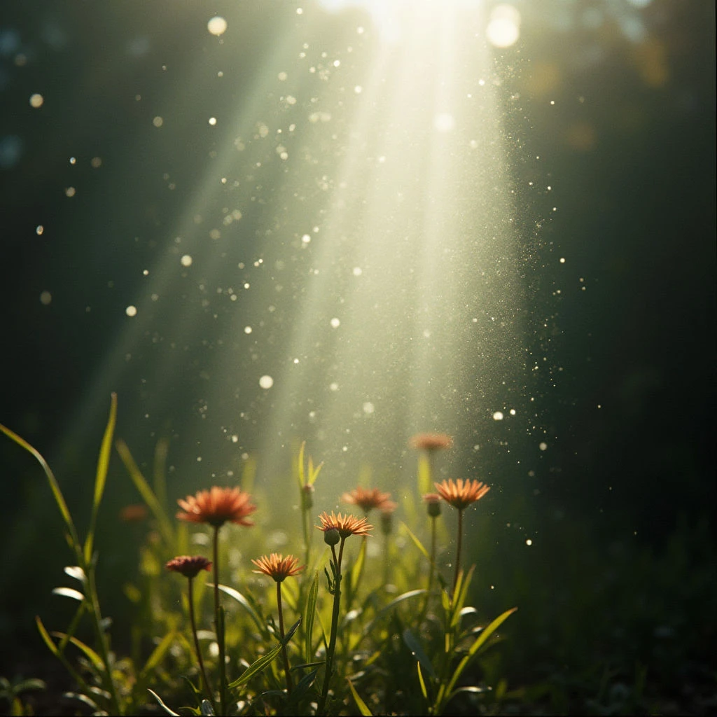 A cluster of small orange wildflowers grows amidst lush green grass and foliage. Bright sunlight streams down from above, illuminating the flowers and creating a hazy glow with floating particles dancing in the light beams. The background is softly blurred, emphasizing the delicate beauty of the foreground blooms.
