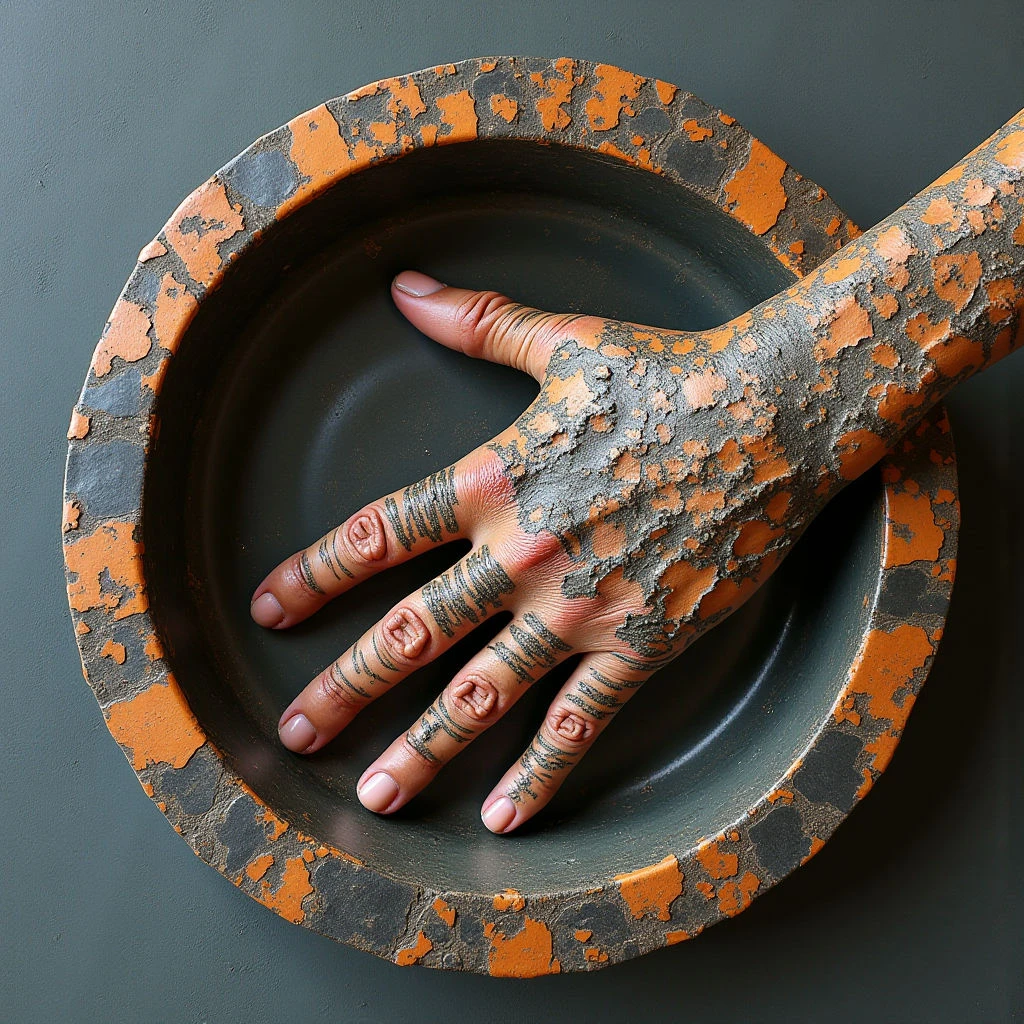 The image features a hand extending over a circular basin with a dark interior and an orange, textured rim. Both the hand and the basin’s edge display a rough, mottled surface with variations in brown and gray tones, contrasted by smoother skin on the palm and fingers; linear markings are visible across the hand's surface. Soft, diffused light illuminates the scene, creating gentle shadows within the basin and highlighting the textures of both forms against a muted dark background.