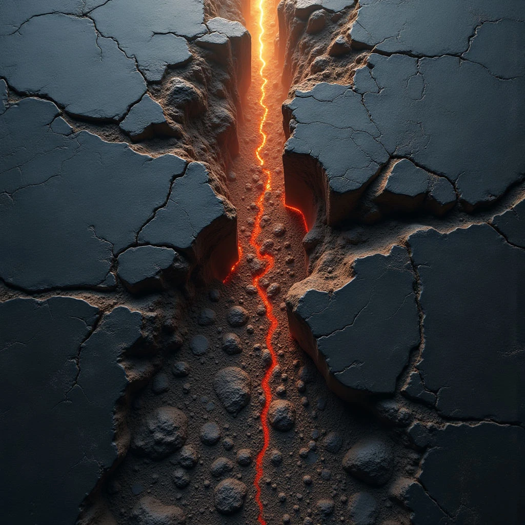 The image depicts a fractured landscape dominated by dark blues and browns, with a central fissure glowing orange-red. The surface texture is rough and uneven, composed of cracked plates and scattered stones, contrasting with the smooth luminosity within the crevice. Light emanates from the crack itself, creating strong highlights and shadows that emphasize the depth and spatial division between the broken terrain.
