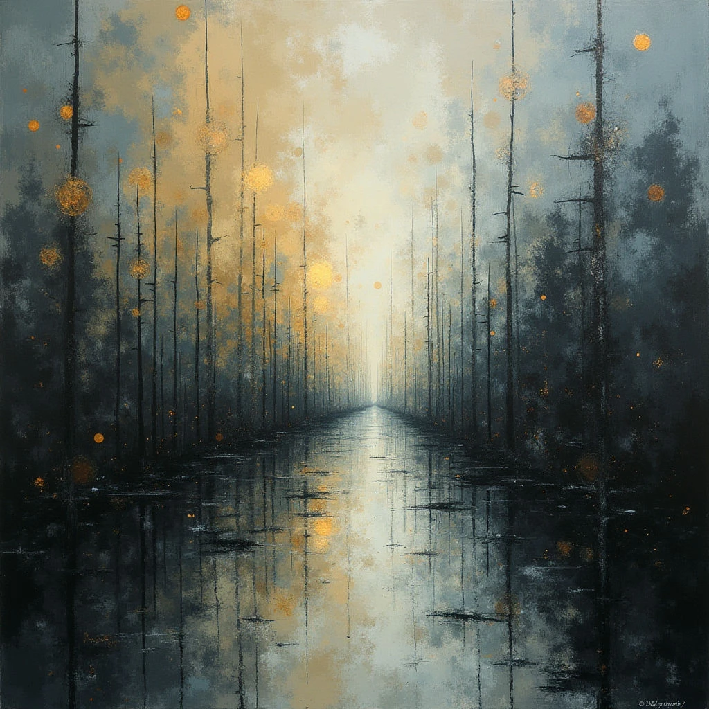 A path cuts through a dense, dark forest of tall, slender trees. The ground is covered in water, reflecting the trees and a bright light source at the far end of the pathway. Golden flecks drift down like sparks throughout the misty, atmospheric scene.