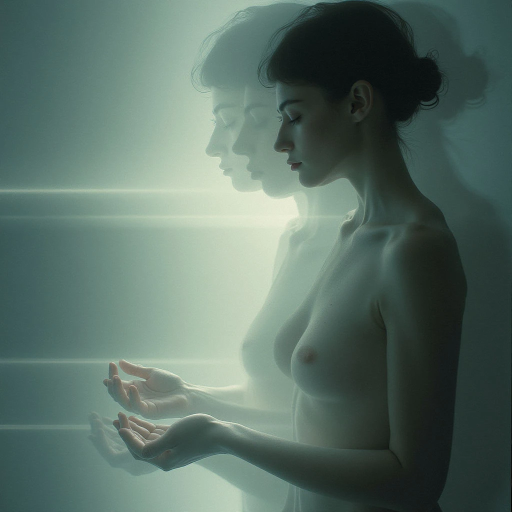 A woman with dark hair pulled back into a bun stands in profile, eyes closed and hands open as if holding something delicate. Her form is partially translucent, overlaid with faded echoes of herself, creating a ghostly effect. The scene is bathed in soft, cool teal light that emphasizes the ethereal quality of the image.