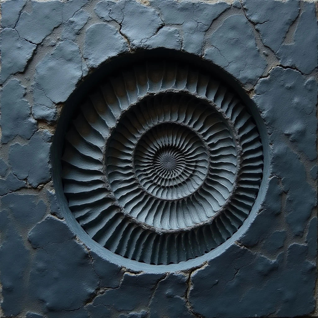 The image features a predominantly cool palette of blues and grays with variations in shade suggesting depth and shadow. A central spiral form is deeply recessed into a textured, cracked surface, creating strong contrast between smooth curves and rough edges. Light appears to originate from the upper left, highlighting some ridges within the spiral and casting shadows across both the inset shape and surrounding field.