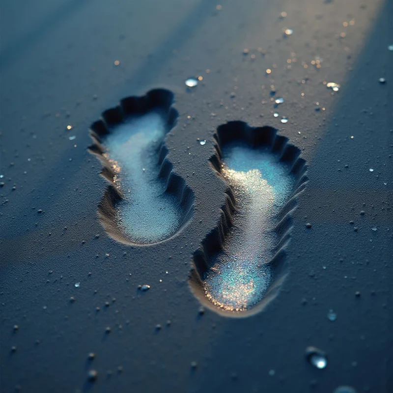 The image is dominated by cool tones of blue and gray, with subtle shifts in value creating a sense of depth. Two distinct footprints are visible in the foreground, exhibiting rough textures contrasted by the smoother, wet surface surrounding them, which also contains scattered droplets. Light appears to be coming from an unseen source above and slightly to the right, highlighting the interior of the prints and adding specular reflections to the damp ground.
