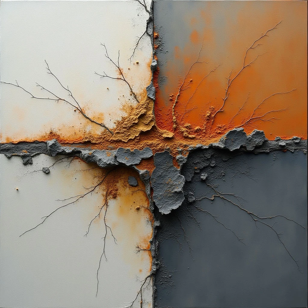 The image features a stark division between off-white and dark gray planes, bisected by an irregular, textured break. Rust-colored formations emerge from this central fissure, extending outwards in branching patterns across all surfaces with varying intensity. Light appears diffuse, highlighting the rough textures of the broken edges and the layered build-up of material while casting subtle shadows within the crevices.
