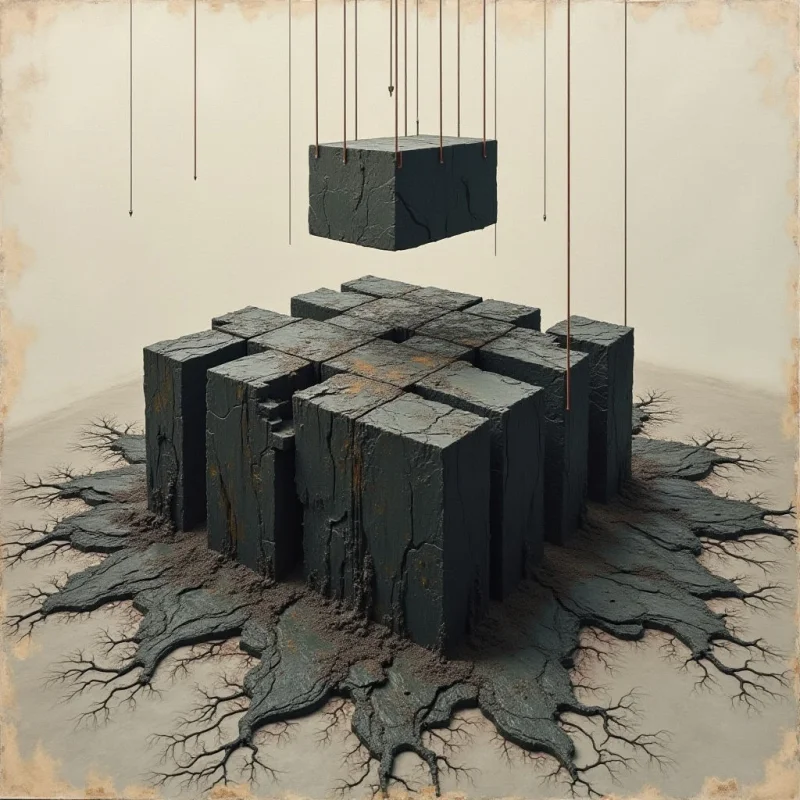 A single dark gray cube floats suspended above a larger cluster of similar textured, blocky forms that rest on a pale, neutral ground. Thin vertical lines descend from the top of the frame, connecting to the floating cube and some of the base structures. Dark, vein-like patterns spread outward from the central mass across the light surface, creating a stark contrast between the jagged shapes and the smooth background.