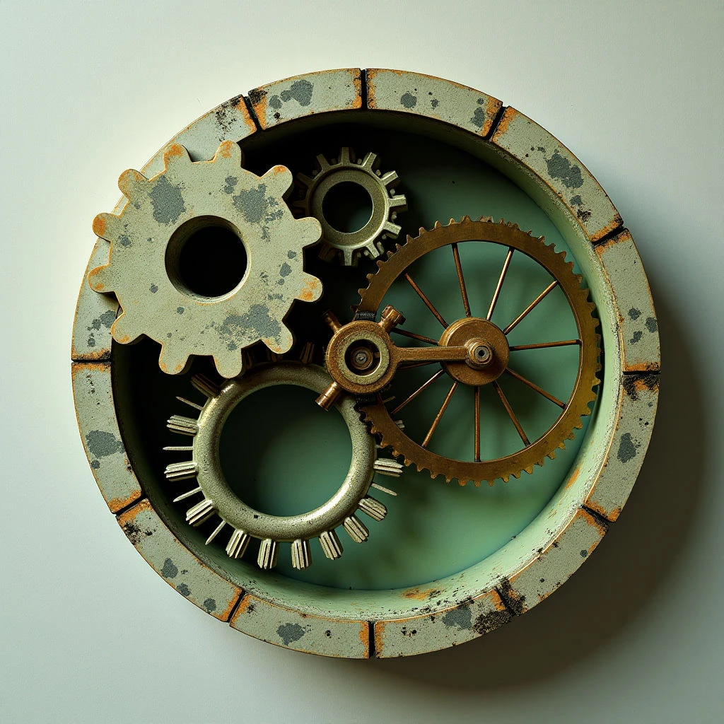 The image features a circular arrangement of interlocking metal gears in varying sizes and shades of silver and gold, set against a pale teal background. The gears exhibit rough textures with visible wear and discoloration, contrasted by the smoother surface of the surrounding ring. Light appears to originate from the upper left, casting subtle shadows that emphasize the three-dimensional form and depth of the mechanism within the frame.