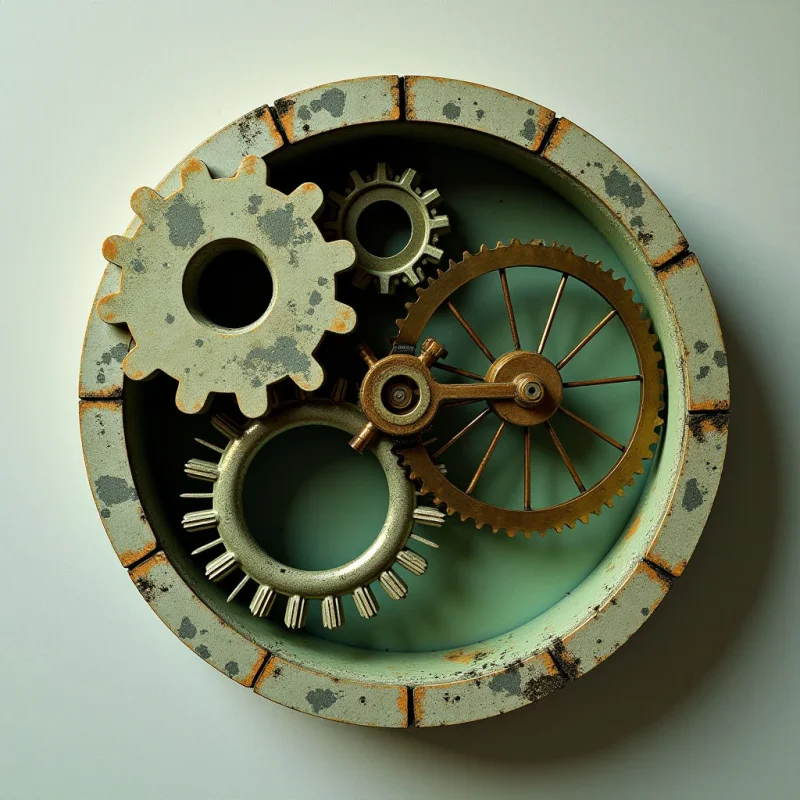 The image features a circular arrangement of interlocking metal gears in varying sizes and shades of silver and gold, set against a pale teal background. The gears exhibit rough textures with visible wear and discoloration, contrasted by the smoother surface of the surrounding ring. Light appears to originate from the upper left, casting subtle shadows that emphasize the three-dimensional form and depth of the mechanism within the frame.