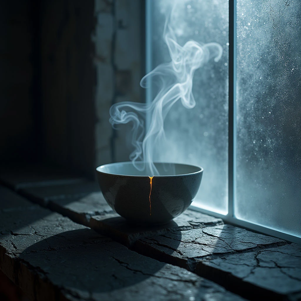 The image is dominated by cool tones of blue and gray, with a contrasting warm orange line visible on the bowl’s surface. Rough textures are present in the stone ledge and cracked ceramic, while wisps of smoke offer a soft, fluid contrast. Light enters from behind the bowl, creating strong shadows and highlighting the rising vapor against a blurred background, suggesting depth within a confined space.