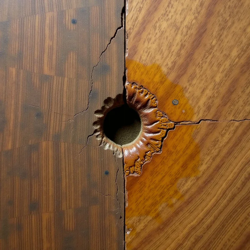 Two wooden surfaces with distinct grain patterns meet at a vertical seam, separated by a jagged, irregular crack. A dark circular void is positioned near the center, surrounded by rough, scalloped edges that transition from deep brown to a lighter amber hue. Light falls evenly across the textured wood grains and the recessed shadows within the central opening.