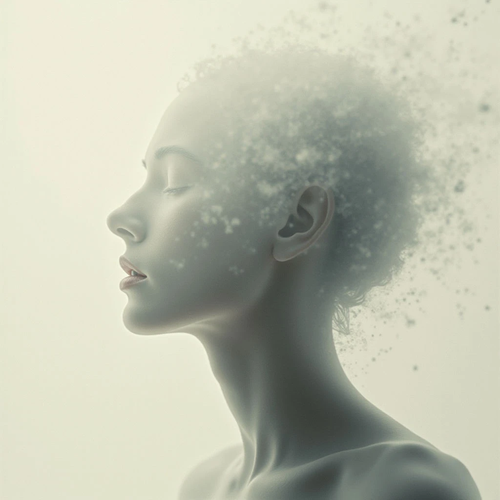 A woman’s face is shown in profile, her eyes closed and lips gently parted. Her hair appears to be dissolving into a cloud of tiny particles, fading away from the solid form of her head and neck. The overall tone is muted and ethereal, set against a pale background.