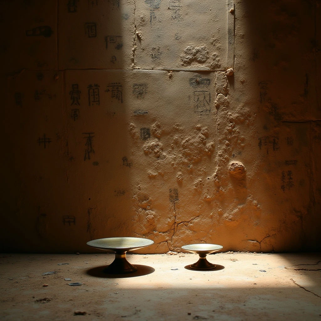 The image is dominated by warm earth tones—ochre and umber—with a rough, uneven texture across the large wall surface that features faded dark markings. Two small, rounded objects sit on a flat floor plane in the foreground, illuminated by strong directional light creating distinct shadows and highlighting dust particles in the air. The space appears enclosed, with the wall receding to meet darker, less-defined areas suggesting depth within a confined room.