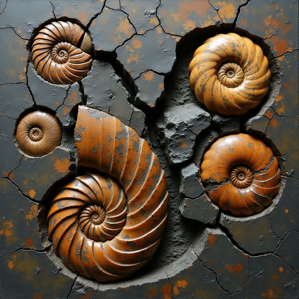 The image features a dark grey, heavily cracked surface with embedded spiral shells in shades of amber and brown. The shells exhibit a smooth, polished texture contrasting with the rough, uneven fissures of their surroundings, and are arranged asymmetrically within circular indentations. Light appears to originate from above and slightly to the left, creating highlights on the shell surfaces and casting shadows that emphasize their three-dimensional form.