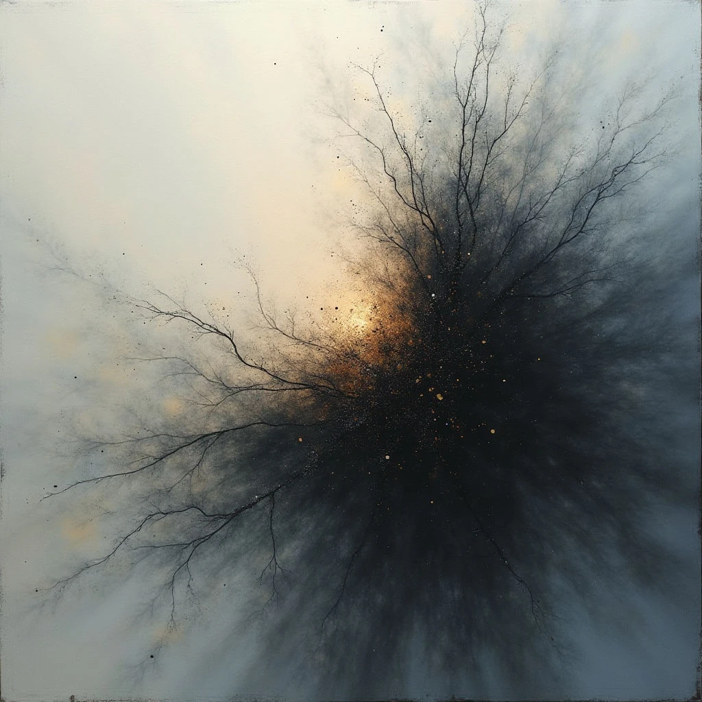 A dark, sprawling tree dominates the center of the image, its branches reaching outwards into a hazy, pale sky. A warm glow emanates from within the core of the tree’s trunk and extends along some of its limbs, contrasting with the surrounding shadowy form. The overall effect is ethereal and somewhat explosive, like a burst of energy contained within organic shapes.