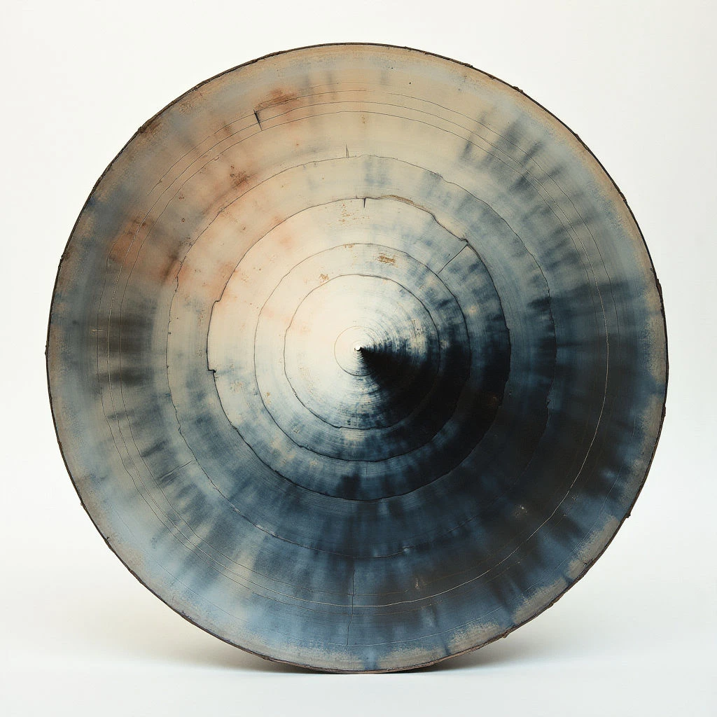 A large, circular object dominates the frame, viewed from directly above as if looking into a well or tunnel. Concentric rings of color—ranging from deep blues and blacks to pale oranges and creams—spiral inward towards a central point. The surface appears weathered and stained, with subtle imperfections adding texture to the overall design.