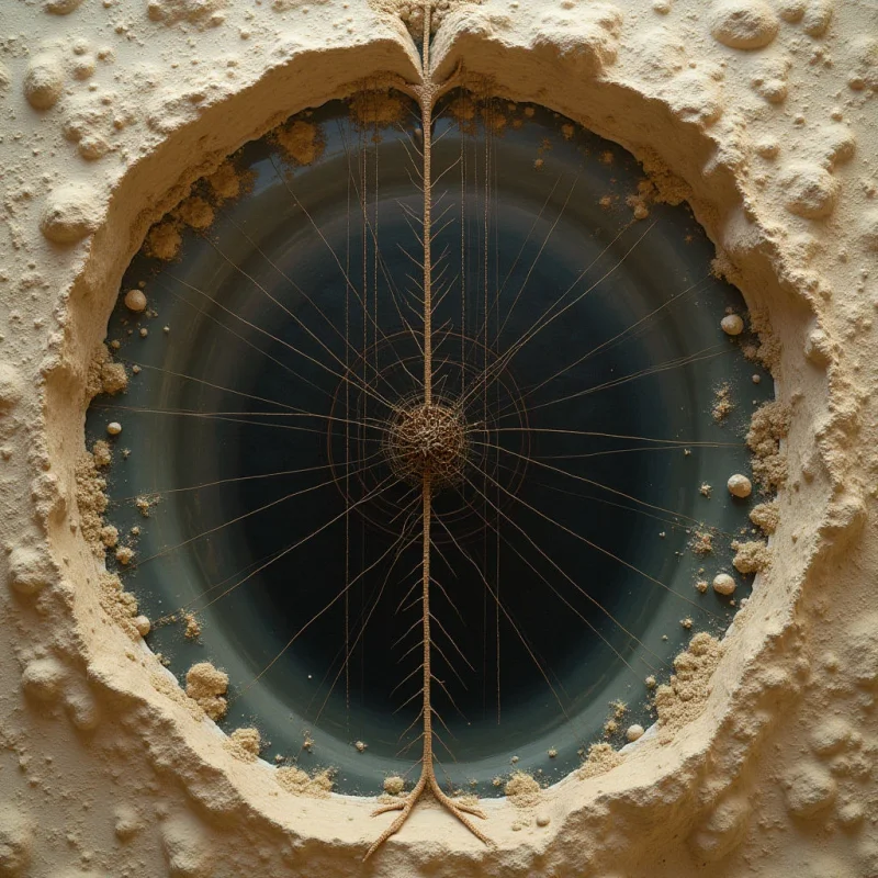A dark, circular void is framed by a thick, textured border of sandy, beige material featuring irregular bumps and crevices. Within the center of the dark space, fine, hair-like golden lines radiate outward from a central knot and extend vertically along a central axis. Small clumps of the beige texture are scattered around the inner edge of the circle, creating a sense of depth between the rough perimeter and the smooth, dark interior.