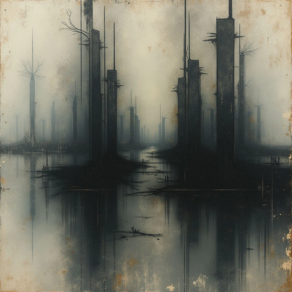 Dark, skeletal structures rise from a still, murky body of water under a pale, hazy sky. The reflections of the towers ripple across the surface, creating an unsettling sense of depth and mirroring their decay. A few small, withered branches suggest a desolate landscape lost to time and neglect.