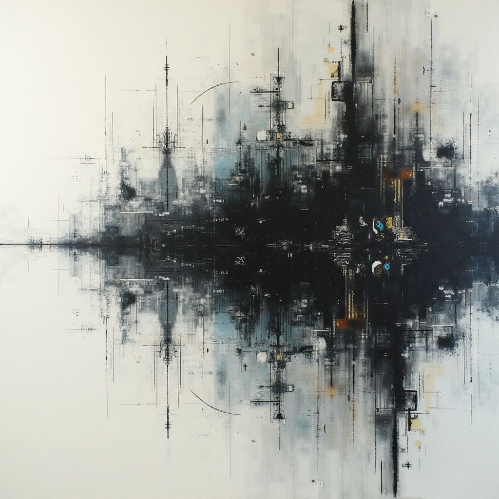 A dark, abstract cityscape is reflected in a still body of water, creating a symmetrical composition. The image is dominated by shades of black and gray with small accents of gold, all rendered with loose, gestural strokes and linear details. The overall effect evokes a sense of urban mystery and quiet contemplation.