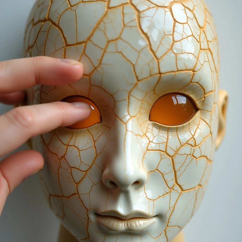 The image features a pale grey face with a network of fine brown cracks covering its surface, resembling aged porcelain. Two smooth, orange ovals define the eye sockets, and fingers press gently into these spaces. Light appears diffused, highlighting the texture of the cracked material and casting soft shadows within the contours of the face and around the hands.