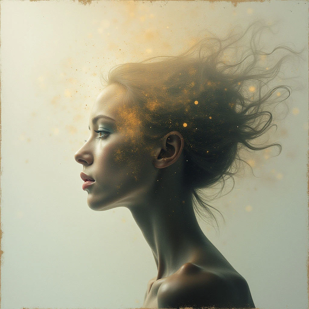 A woman’s face is shown in profile, her expression serene and contemplative. Her hair appears to be dissolving into golden particles that float around her head like dust motes in sunlight. The overall effect is ethereal and dreamlike, suggesting a sense of transformation or fading away.