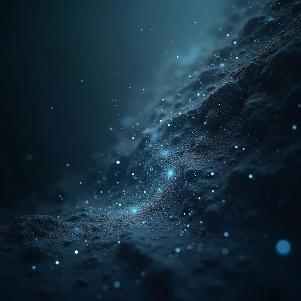 The image is dominated by cool tones of deep blue and teal, with a gradient shifting towards darker shades in the background. A rough, granular texture defines the prominent forms, contrasted by scattered points of bright light that appear as small glowing particles suspended in space. The composition features layered, uneven shapes suggesting rock formations or abstract terrain, receding into an undefined depth while maintaining focus on the foreground details.