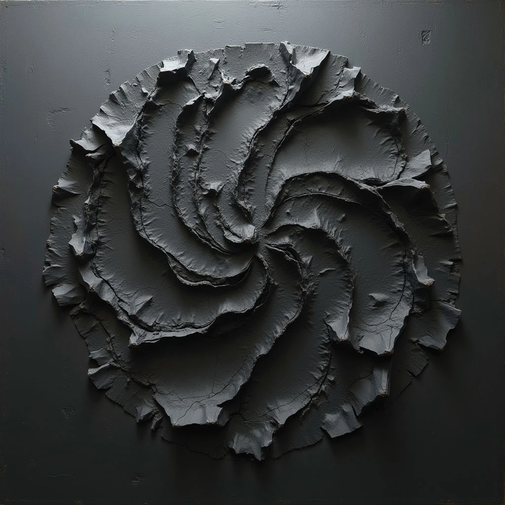 A dark, swirling form is deeply carved into a matte black surface. The shape resembles a spiral or perhaps an opening, with rough, textured edges that contrast against the smooth background. Light and shadow play across the curves of the design, emphasizing its depth and three-dimensional quality.