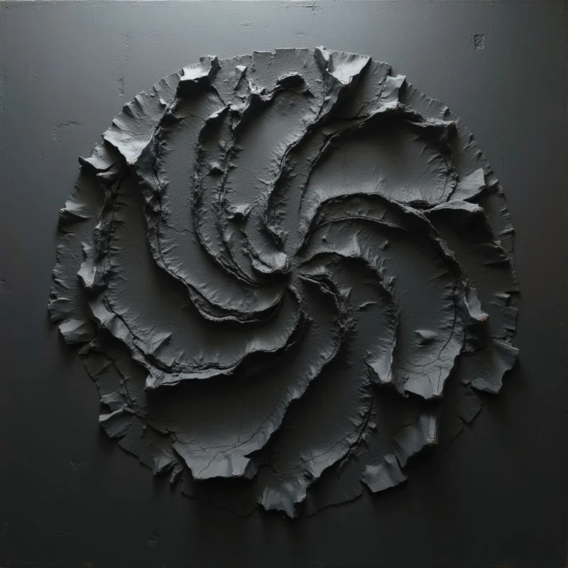 A dark, swirling form is deeply carved into a matte black surface. The shape resembles a spiral or perhaps an opening, with rough, textured edges that contrast against the smooth background. Light and shadow play across the curves of the design, emphasizing its depth and three-dimensional quality.