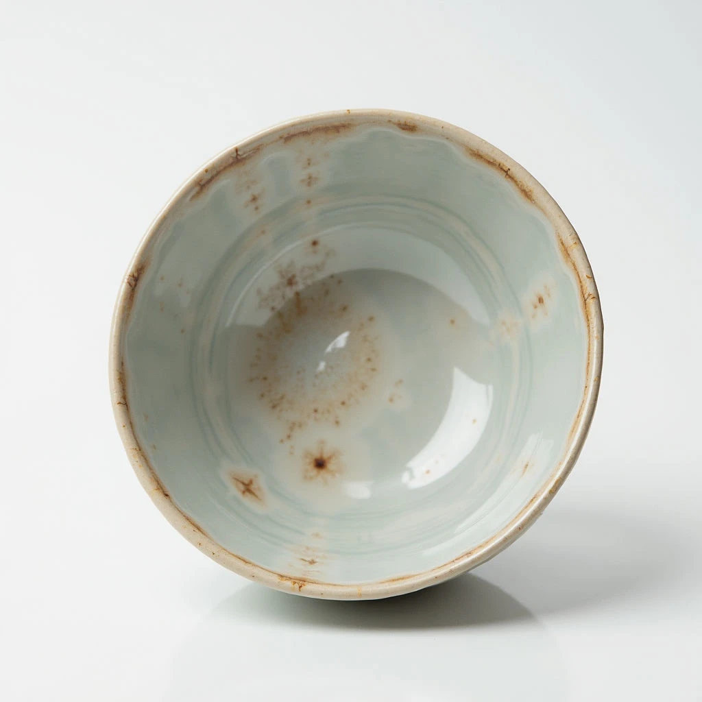 A pale celadon bowl is shown from directly above, its rounded form filling much of the frame. The interior surface has a mottled pattern of darker stains concentrated towards the center, contrasting with the lighter glaze surrounding it. A rough, uneven rim edges the bowl, suggesting handmade craftsmanship.