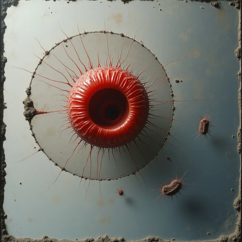 A large, red, ribbed sphere with a dark central depression sits at the center of a pale, circular field, surrounded by thin, hair-like filaments. Smaller, similarly textured reddish forms are scattered across a muted blue-gray background that features grainy, sandy textures along the edges. Soft light creates subtle shadows behind the objects, establishing depth within the flat, two-dimensional space.