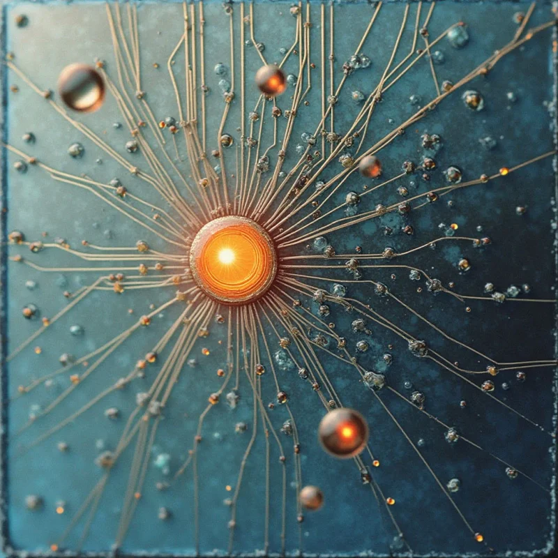 The image features a central, intensely bright orange orb radiating thin, pale lines outwards across a teal background. Small, spherical forms in shades of brown and copper are distributed along these lines and scattered around the field, appearing to float above a textured surface with subtle variations in tone. Light emanates strongly from the center, diminishing as it spreads, while spatial depth is suggested by the varying sizes and clarity of the spheres.