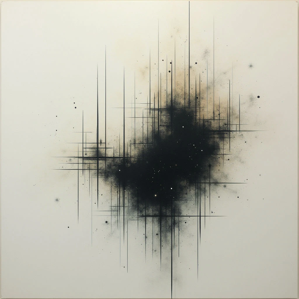 A dark, amorphous shape dominates the center of a pale background, appearing like an explosion or dense cloud. Thin black lines intersect and radiate through and around the shape, creating a sense of fragmented energy. Small flecks are scattered across the entire surface, suggesting depth and movement within the composition.