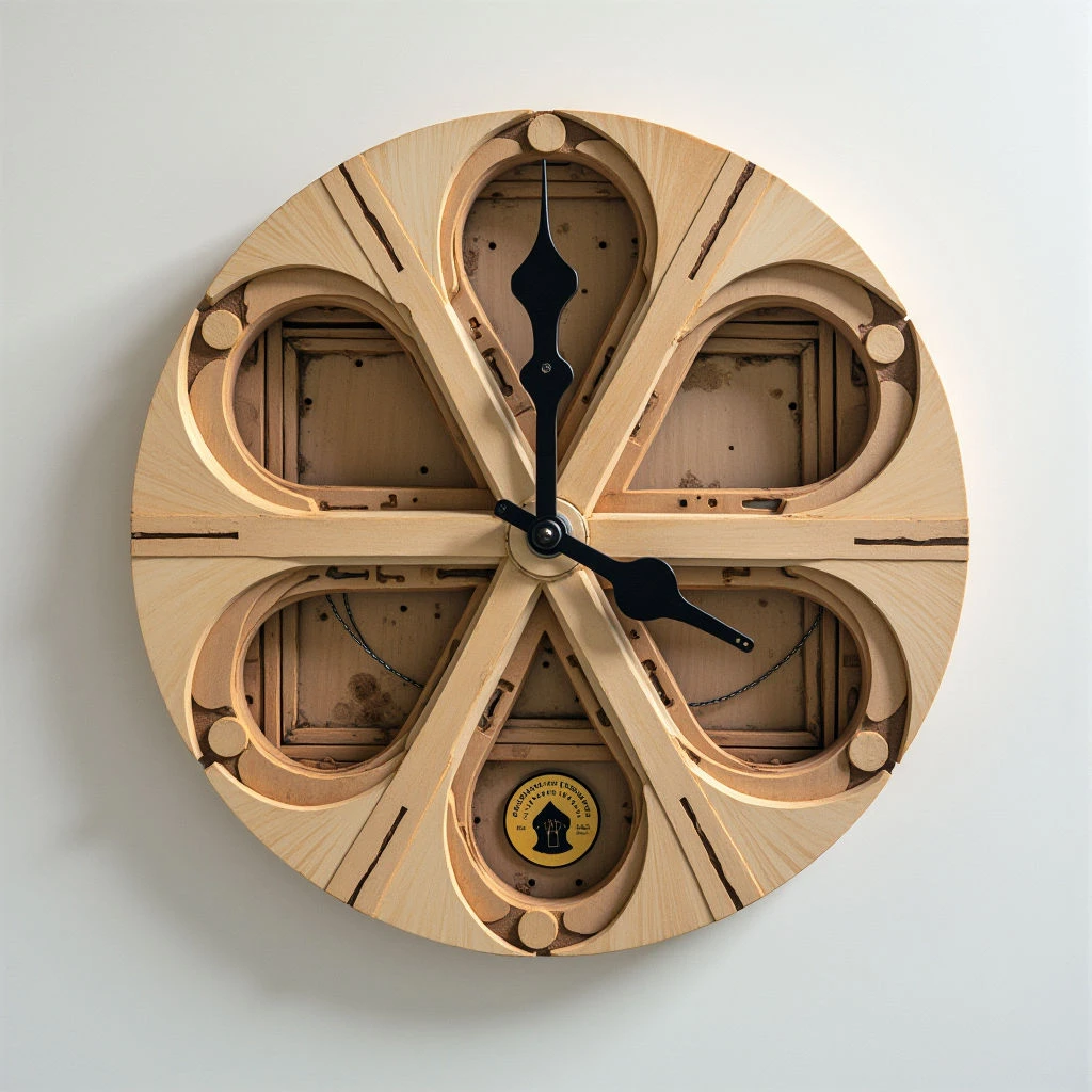 A circular wooden clock hangs against a pale background. The face is constructed of radiating, petal-like pieces of light wood with small knobs along the edges, resembling a flower or wheel. Black hands mark the time at approximately ten minutes past eight, centered around a dark circular detail with text.