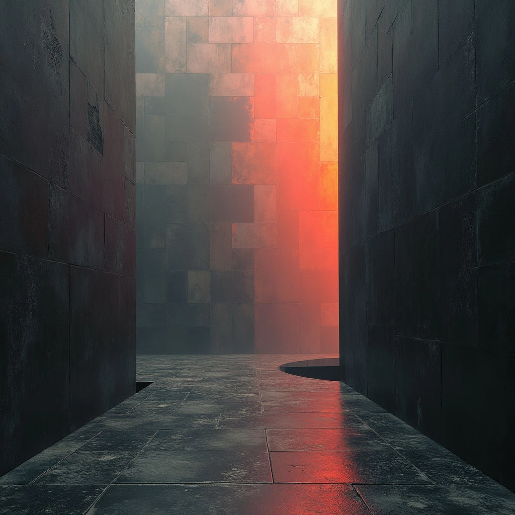 The image features a long, narrow corridor defined by tall walls constructed from dark, rectangular blocks. A gradient of warm tones—ranging from deep red to orange and pale yellow—emanates from the far end of the space, partially obscured by a hazy mist or fog. The floor is composed of similar dark rectangular tiles that reflect the light source, creating a sense of depth and leading the eye toward the distant glow.