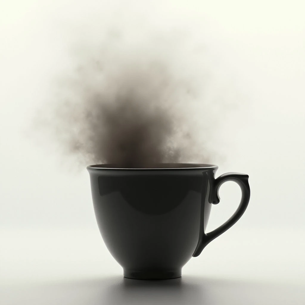 A dark, glossy cup sits against a pale background. Wisps of steam curl upwards from the opening, suggesting a hot beverage inside. The simple composition focuses entirely on the mug and its rising vapor.
