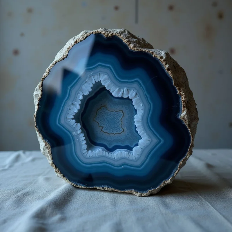 The image features a roughly oval geode section with concentric bands of blue and white coloration, transitioning from darker shades at the outer edges to lighter tones towards the center. The exterior is characterized by a rough, porous texture while the interior displays smooth, layered patterns. Soft, diffused light illuminates the object, casting subtle shadows on the draped gray fabric beneath it and highlighting its circular form against a blurred background of mottled pale colors.