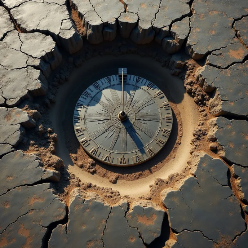 A circular clock face with Roman numerals is embedded within a crater of fine, tan sand, surrounded by large, dark grey fragments of cracked earth. The composition features sharp geometric lines on the clock's surface contrasted against the irregular, jagged textures of the parched ground. Harsh directional light casts deep shadows into the fissures and across the central indentation, defining the depth between the raised earth and the sunken center.