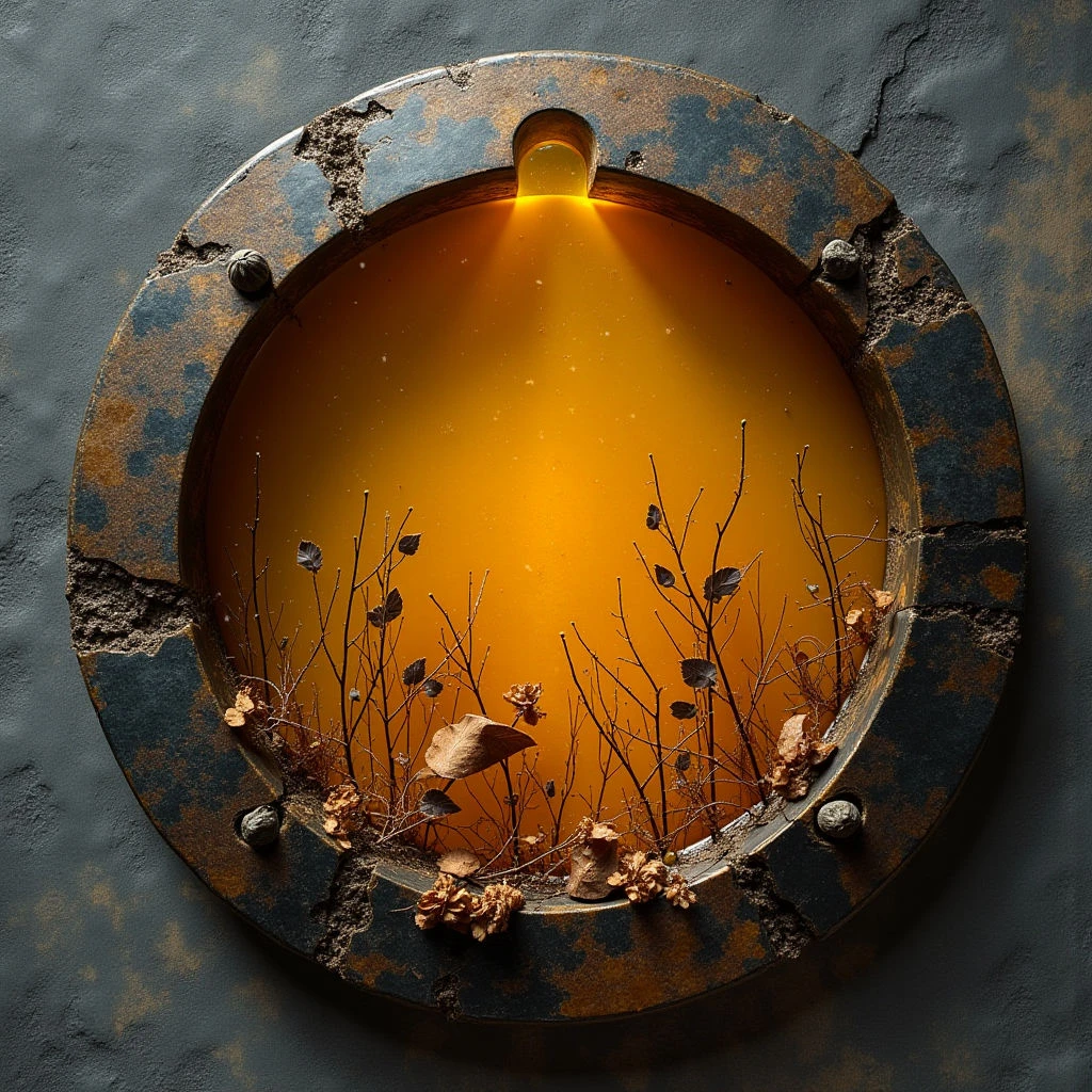 The image centers on a circular opening framed by a heavily textured, rusted metal ring set into a dark gray stone wall. Within the circle is a warm, glowing orange field sparsely populated with thin, brown branches and small rock formations. A concentrated beam of light descends from the top center of the opening, illuminating the interior space and casting shadows across the rough textures of both the frame and the contained scene.