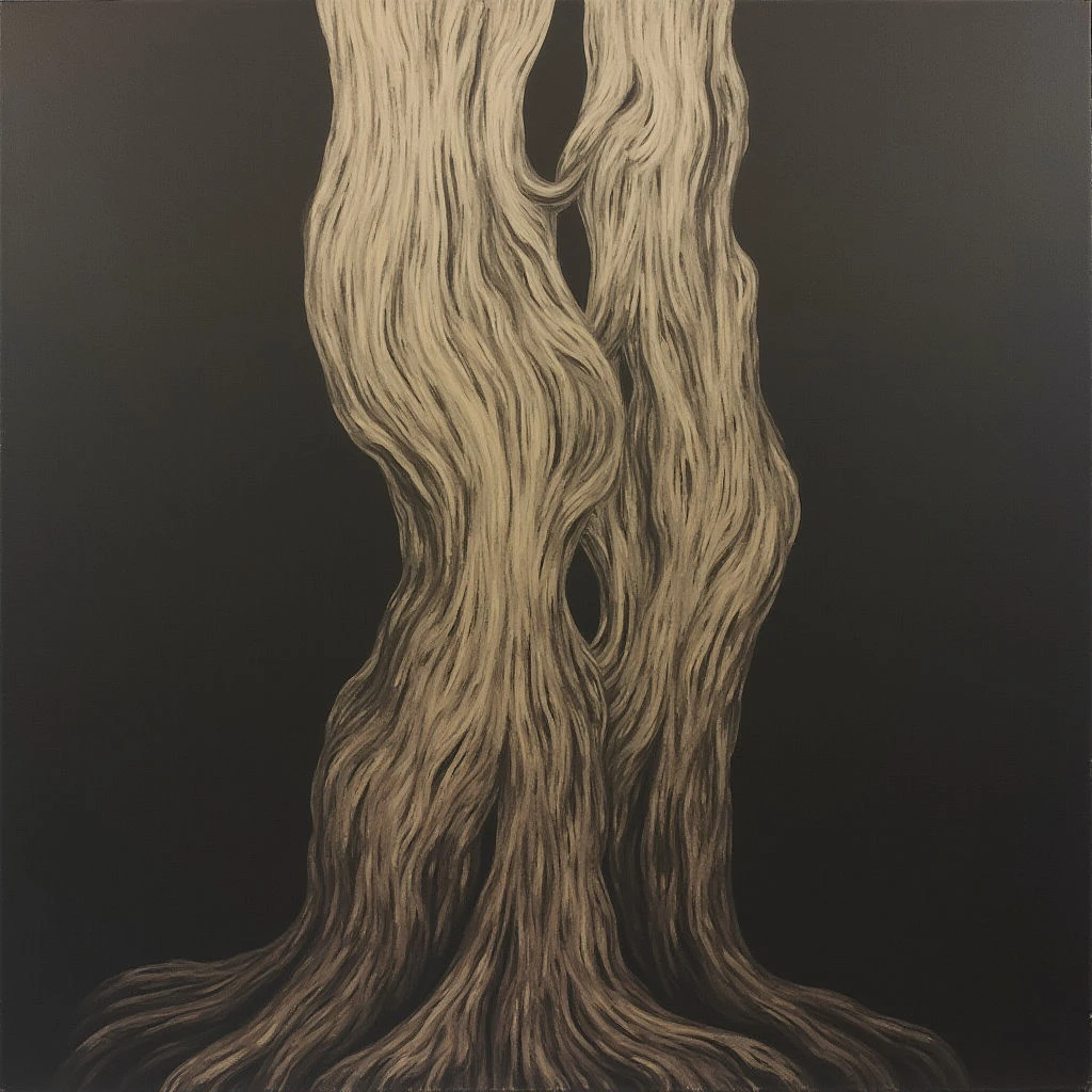 Two pale, twisting tree trunks rise from a dark ground against an even darker background. The bark is rendered with fine, vertical lines suggesting texture and age, almost like strands of hair. Openings pierce through the trees’ forms, creating shadowy voids within their structure.