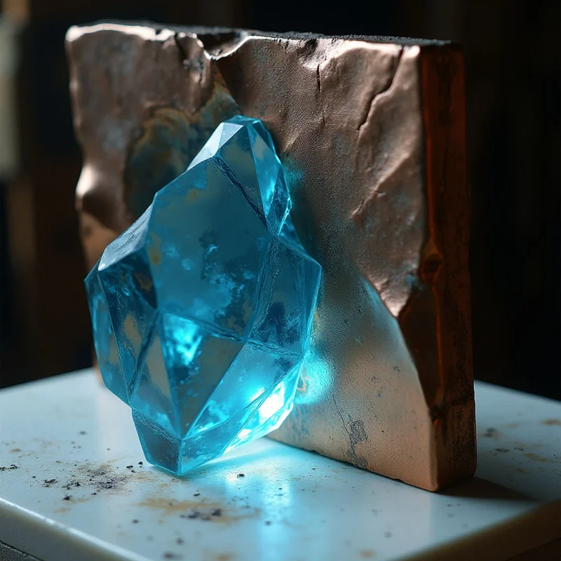 A translucent blue geometric crystal with sharp facets is embedded into a textured, metallic copper-colored slab. The composition features a contrast between the smooth, glowing crystalline surfaces and the rough, irregular texture of the metal background. Light emanates from within the blue crystal, casting a soft glow onto the white surface below and highlighting the dark, craggy edges of the copper plate.