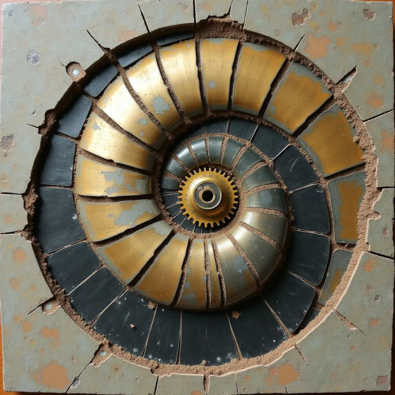 A spiral of segmented golden and dark grey plates radiates from a central gear-like core against a textured, cracked tan background. The composition features rhythmic, curved shapes that create a sense of depth through overlapping layers and concentric circles. Light highlights the metallic sheen of the gold segments while casting soft shadows within the crevices and cracks of the surrounding stone-like surface.
