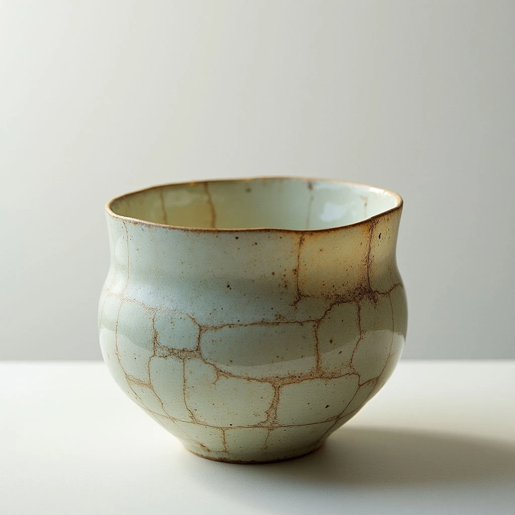 The image features a rounded ceramic bowl with a pale celadon glaze exhibiting a cracked or crazed texture across its surface. Brown lines trace the network of cracks, contrasting against the lighter green tones of the glaze and speckled body. Soft, diffused light illuminates the bowl from above and slightly to the left, casting a subtle shadow on the flat, neutral-toned surface it rests upon.