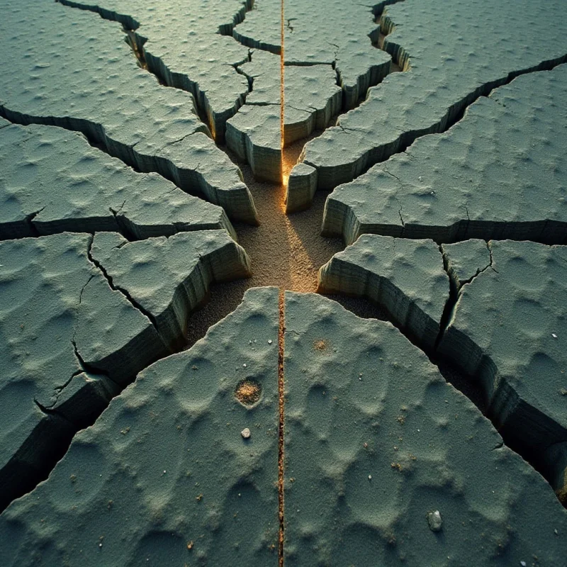 Deeply textured, muted teal surfaces are fractured by a network of dark, jagged cracks that converge toward a central point. Warm, golden light emanates from within the deepest fissures, creating a sharp contrast against the cool-toned, uneven terrain. The composition follows a radial pattern, with large, irregular geometric shapes spreading outward from a glowing core.