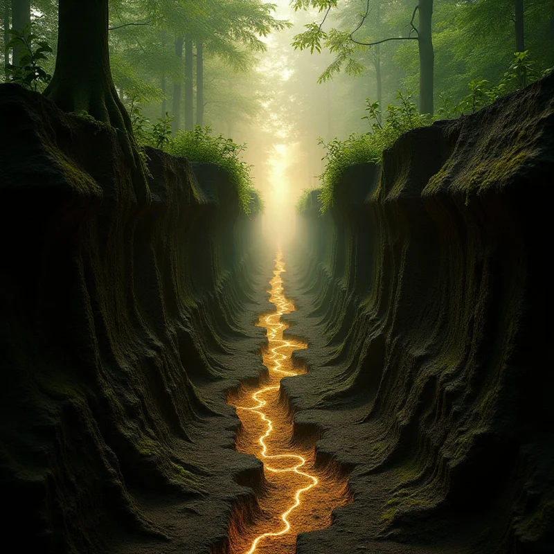 A glowing, golden river of light snakes through a narrow canyon of dark, textured earth and mossy rock. The scene is framed by lush green foliage and slender tree trunks that recede into a bright, hazy background of soft yellow light. Deep shadows in the foreground contrast with the luminous path that creates a strong sense of depth leading toward the horizon.