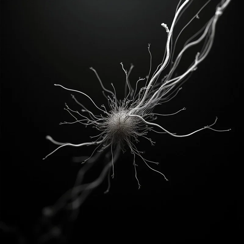 A central, textured sphere serves as a hub for numerous thin, undulating white filaments that extend outward into a dark, void-like space. The composition relies on high contrast between the bright, organic shapes and the deep black background, with light highlighting the smooth yet irregular surfaces of the strands. These spindly forms create a sense of radial expansion, transitioning from a dense cluster to sparse, singular lines in the surrounding darkness.