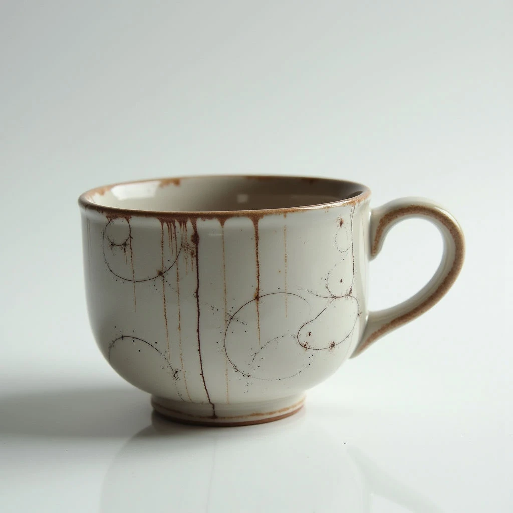 A wide, off-white ceramic mug sits against a pale background. Brown lines and circles decorate the exterior of the cup, appearing slightly dripped or textured. The mug has a simple, rounded handle and rests on a small, footed base.