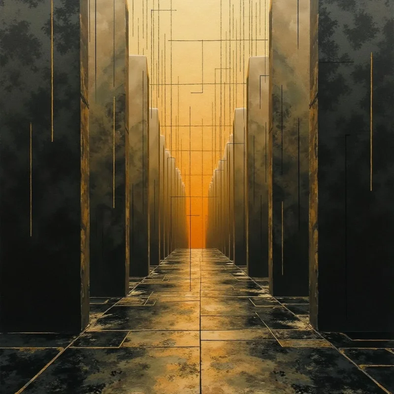 A series of tall, dark monolithic pillars frames a central pathway that recedes toward a bright, glowing orange horizon. The composition uses strong vertical lines and linear perspective to create deep spatial depth within a structured corridor. Textures appear weathered and stone-like, contrasting the heavy shadows of the foreground with the hazy, luminous light in the distance.