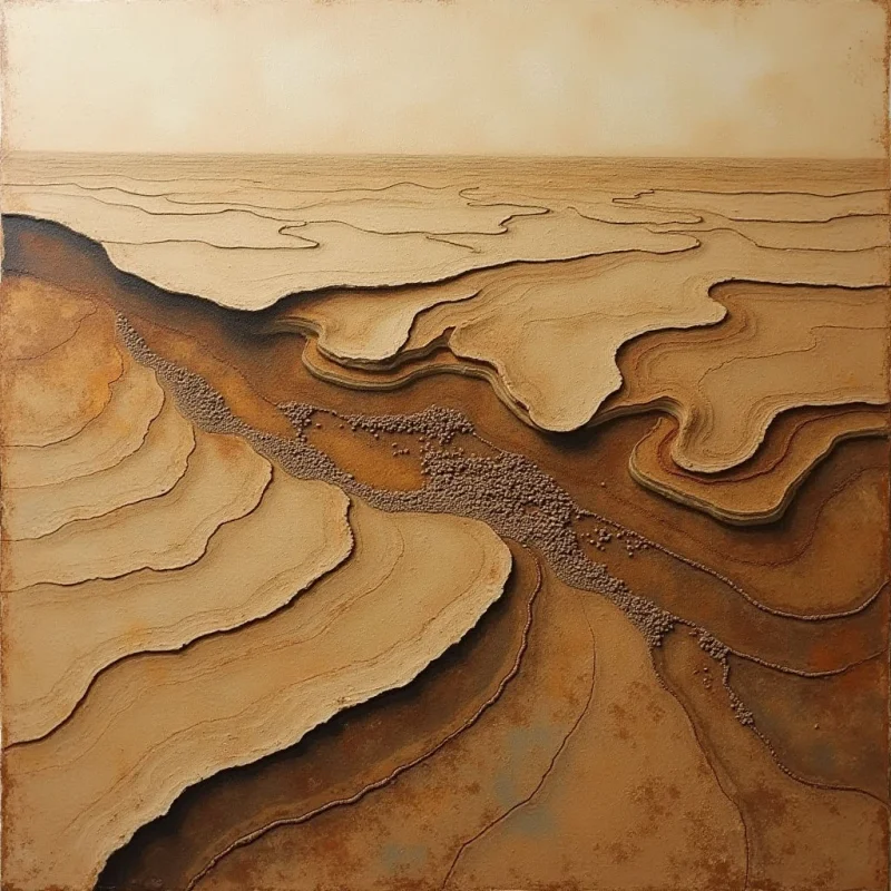 An abstract landscape is composed of layered, undulating shapes in shades of tan, ochre, and deep umber. Textured, granular paths wind between smooth, sweeping planes that suggest topographical contours or sedimentary formations. Light appears diffused across the upper expanse, creating a sense of depth through the overlapping spatial relationships of the curved forms.