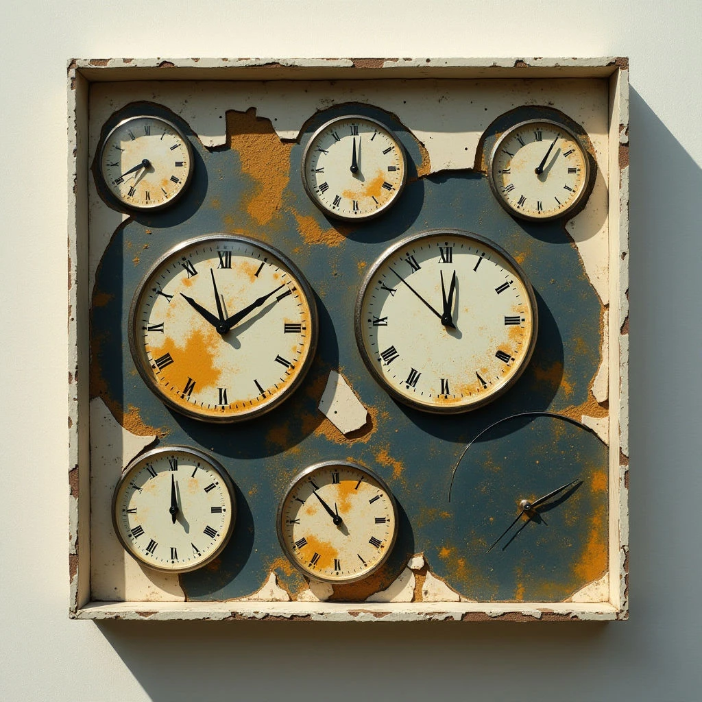 The image features nine circular clocks mounted within a roughly square frame with chipped white paint and a teal background exhibiting significant rust and discoloration. Each clock face is cream colored with Roman numerals and black hands pointing to different times, while the frames are metallic and show signs of age and wear. Strong directional light casts shadows from the clocks onto the surface, creating depth and emphasizing the textured surfaces of both the clocks and the frame.