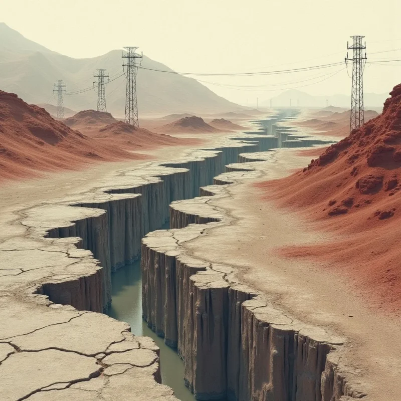 A deep, jagged fissure cuts through a desert landscape of reddish-brown sand and pale, cracked earth, filled with still, teal-colored water. Tall, dark metal utility towers line the horizon against a backdrop of hazy, muted mountains under a bright, diffused sky. The composition uses strong diagonal lines from the canyon walls to create depth, leading the eye toward the distant, misty terrain.
